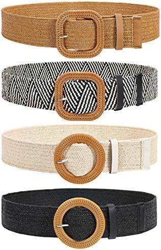 VONMELLI 4 Pack Straw Woven Elastic Stretch Waist Belt Fashion Boho Dress Braided Belts for Women