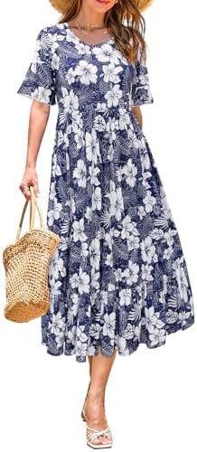 STYLEWORD Women's Summer 2025 Casual Short Sleeve Tiered Flowy Spring Dress Long Midi Beach Sundress Vacation Outfits