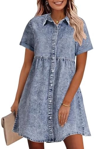 GRAPENT Denim Dress for Women Babydoll Tiered Short Sleeve Button Down Jean Shirt Dresses