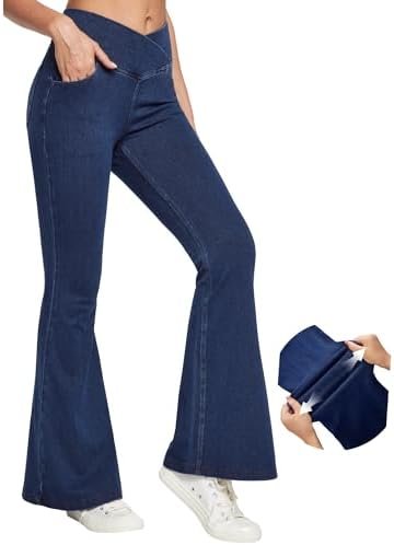 IUGA Bell Bottom Jeans for Women High Waisted Stretchy Flare Jeans Pull On Wide Leg Jean Woman V Cross Flare Leggings Pants