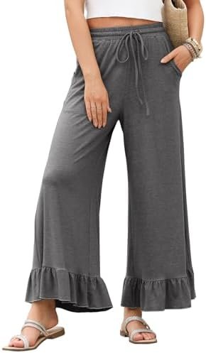 EVALESS Womens Wide Leg Pants Drawstring Elastic High Waisted Ruffle Hem Palazzo Pants with Pockets