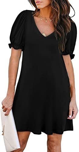 Aloodor Women's Casual Dresses Short Sleeve V-Neck Dress with Pockets