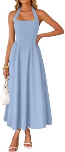 ZESICA Women's Summer Sleeveless Halter Midi Dress 2025 Off Shoulder High Waist Swing Flowy Beach Long Dresses