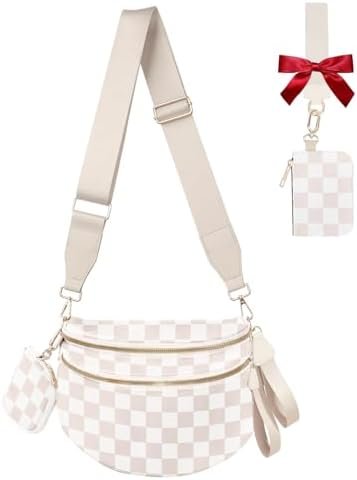 Cross Body Bag for Women Checkered Crossbody Bags Bum Bag for Women Fanny Packs for Girls Small Nylon Checkered Purse Trendy Shoulder Pouch for Womens (Checkered Beige, One Size)