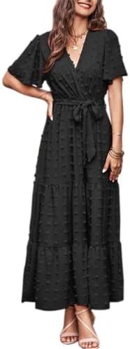 MASCOMODA Womens Summer Swiss Dot Maxi Dressses Wrap V Neck Flutter Short Sleeve Boho Casual Flowy Long Wedding Guest Dress