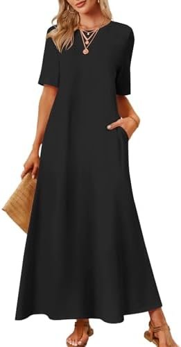 MEROKEETY Women's 2025 Summer Maxi Dress Casual Short Sleeve Beach Vacation Crewneck Basic Long T Shirt Dresses