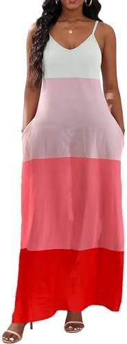 Women's Maxi Dresses V-Neck Adjustable Spaghetti Strap Sleeveless Dress Plus Size with Pockets