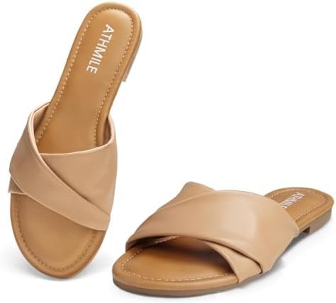 ATHMILE Sandals Women Dressy Summer Flat Comfortable Fashion Beach Cute Ladies Slides Leather Casual Dress Women's Sandals 2025 Size 6-11