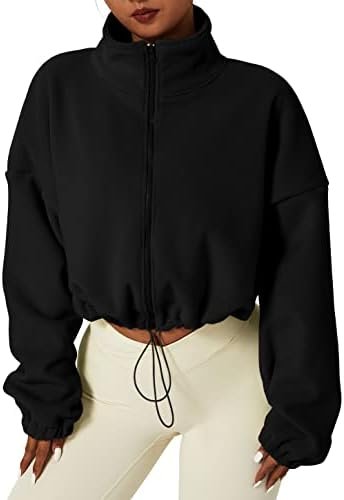 QINSEN Women's Full Zip Fleece Short Jacket Warm Winter Long Sleeve Stand Collar Sherpa Crop Coat