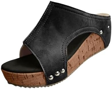 Northend Lumi Stud Wedges Shoes, Women's Thick Sole Comfy Leather Wedge Non-slip Slides, Summer Sandals Cork Sandals