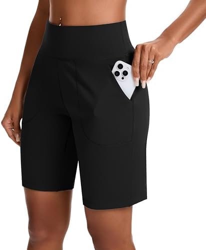 Bermuda Shorts for Women with Zipper Pocket Womens High Waisted Long Shorts for Running Workout Athletic
