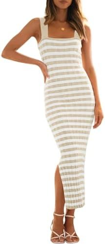 MEROKEETY Women's 2025 Summer Bodycon Midi Dress Vacation Sleeveless Ribbed Knit Striped Sweater Dresses