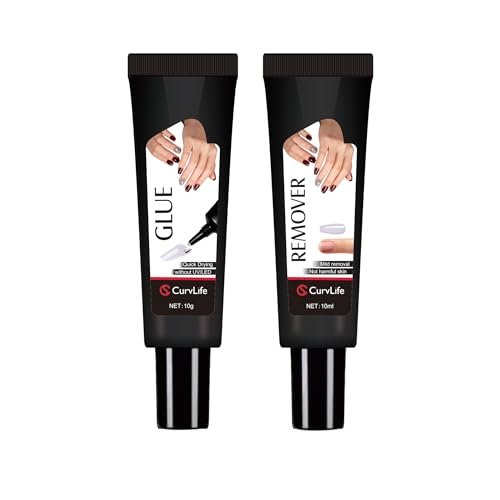 Curvlife Newly Upgraded Quick Drying 10g Semi Solid Nail Glue with 10ml Remover for Press On Nails Tips No Need for UV Lamp Long Lasting Fake Acrylic Nails Kit Glue Gel