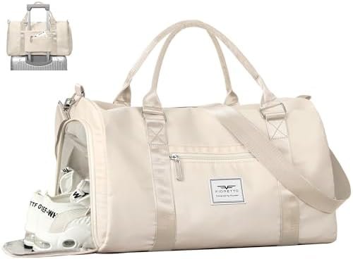 FIORETTO Womens Gym Tote Duffle Bag with Wet Pocket & Shoe Compartment, Sports Duffel Overnight Weekender Hospital Workout Carry on Bag for Girls, Ideal for Travel, Swimming, Dance, Ballet Beige