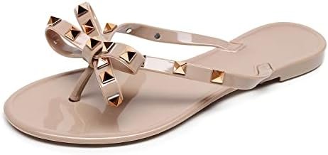 Studded Jelly Shoes for Womens Bow Flip Flops Jellies Sandals Flat Black Summer Beach Thong with Rivets Strappy Slides Slip On