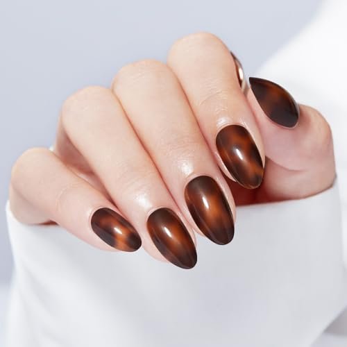 Modelones Brown Press on Nails Almond, Fall Short Fake Nails, Reusable Nail Kit with Nail Glue Adhesive Tabs Mini Nail File, Nails Press Ons 32Pcs 16 Sizes, Women Girl Gift, Amber