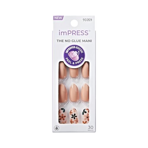 KISS imPRESS No Glue Mani Press On Nails, Design, 'As It Was', Neutral/green, Medium Size, Almond Shape, Includes 30 Nails, Prep Pad, Instructions Sheet, 1 Manicure Stick, 1 Mini File