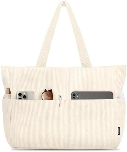 HOMESPON Large Corduroy Tote Bag for Women Everyday Shoulder Bag with Pockets and Zipper for Work Travel Vacation