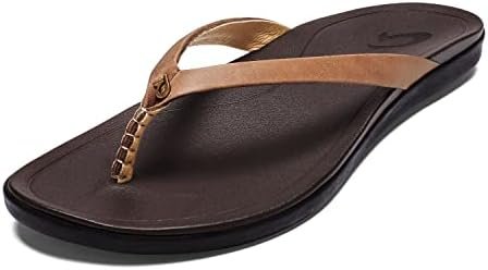 OLUKAI Ho'opio Leather Women's Beach Sandals, Full-Grain Leather Flip-Flop Slides, Modern Low Profile Design & Comfortable Fit