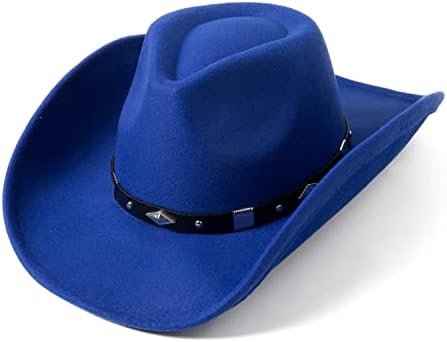 Lanzom Women Men Classic Felt Wide Brim Western Cowboy Cowgirl Hat with Belt Buckle