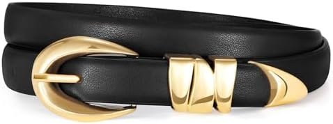 XZQTIVE Women's Skinny Leather Belts Ladies Thin Waist Belts for Jeans Dress Pants Trendy Black Belt with Gold Buckle