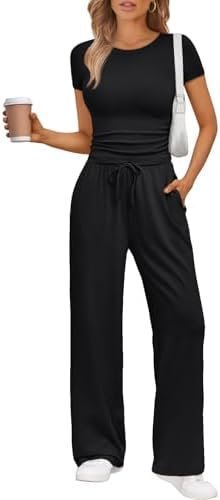 Trendy Queen 2 Piece Matching Summer Sweatsuit Lounge Set Womens Wide Leg Pants Side Ruching Crop Top Sets