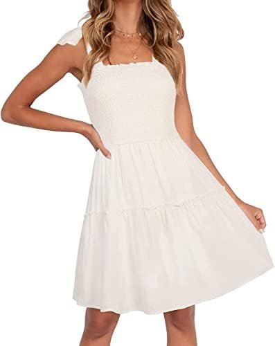 ZESICA Women's 2025 Summer Spaghetti Strap Sleeveless Square Neck Ruffle A Line Swing Mini Dress