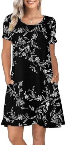 Women's Summer Casual Short Sleeve Crew Neck T Shirt Dresses Loose Swing with Pockets