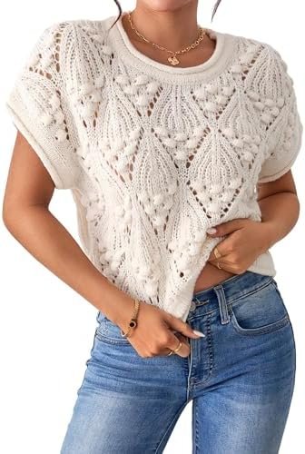 Womens Cute Crewneck Crochet Hollow Out Crop Cap Sleeve Sweater Vest Spring 2025 Lightweight Thin Crop Sweater