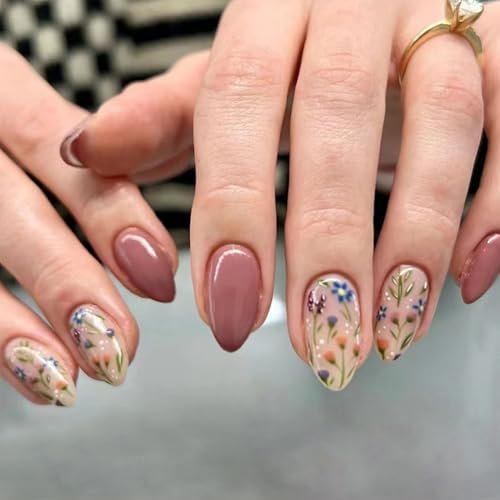 Press on Nails Short Almond Flower Nails Press ons Short Fake Nails with Floral Design Autumn Glue on Nails Flowers False Nails Brown Full Cover Acrylic Fall Stick on Nails for Women Girls 30 Pcs