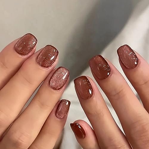 MISUD Press on Nails - Short Square Glue on Nails with Fall Brown, Acrylic Bling Cat Eye Design 24 pcs