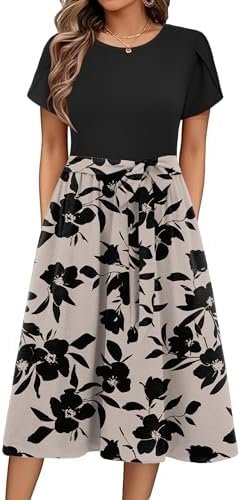 Zeagoo Womens Midi Dress Summer Short Sleeve Dress with Pockets 2025 Casual Floral T-Shirt Dress Flowy Beach Sundress
