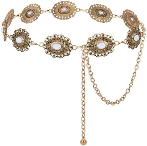 XZQTIVE Women Boho Chain Belts For Dresses Jeans Western Cowgirl Waist Links Belt Adjustable Metal Concho Belt