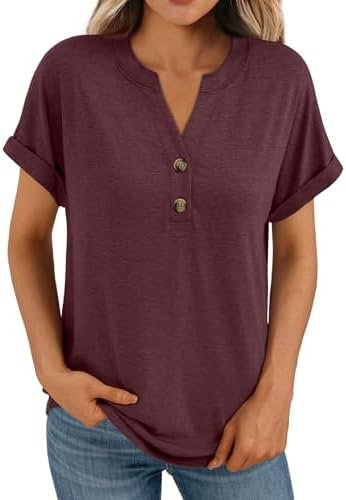 AUTOMET Women's Short Sleeve Shirts Henley Dressy Casual Summer Tops 2025 Trendy Blouses Cute T-Shirts Outfits Clothes