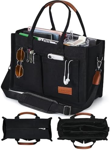 FIORETTO Canvas Tote Bag for Women with Zipper Closure & Individual Compartments for Work College for Teacher & Nurse