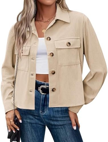 Zeagoo Womens Fashion Cropped Corduroy Shackets Button Down Jackets Tops Fall Trendy Long Sleeve Shirts