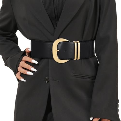 WHIPPY Women Wide Elastic Waist Belt for Dresses Fashion Gold Buckle Stretchy Leather Waistband for Ladies