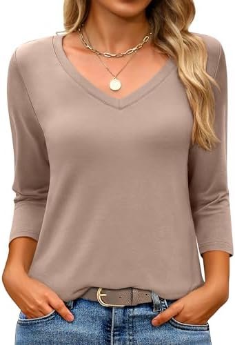 ANRABESS Womens 3/4 Length Sleeve Top V Neck Summer T-Shirts Basic Tee 2025 Fall Casual Loose Fit Tunic Shirts Work Blouse