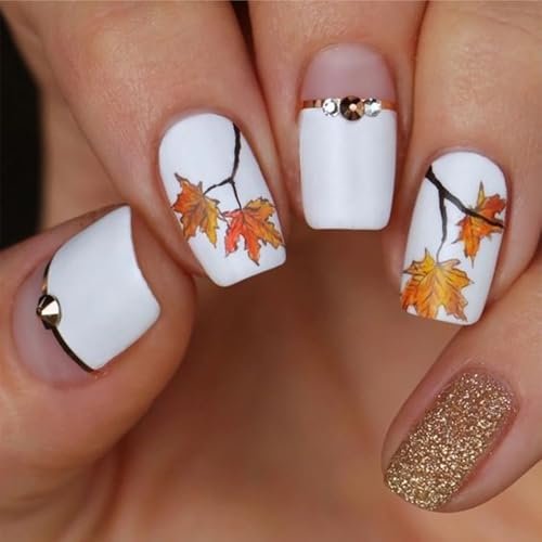 Thanksgiving Press on Short Nails Square Shaped Acrylic Glossy Full Cover Square Fall False Nails with Maple Leaf Designs Artificial Autumn Leaves Glue ons Square Fake Nails for Women Girls(YS03)