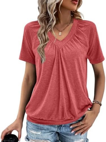 Summer Tops for Women 2025 Shorts Sleeve Womens Tops,V Neck Soft Casual Loose Fit Ruched Top T Shirts Tee Clothes
