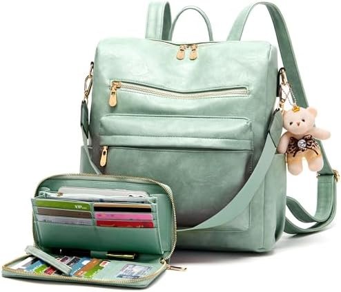 Soperwillton Women Backpack Purse Multipurpose Design Handbags Shoulder Bag PU Leather Travel bag Backpack Set 2pcs