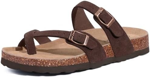 Litfun Women's Genuine Suede Cork Footbed Sandals Comfortable Summer Slides with Adjustable Buckle