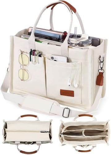 FIORETTO Canvas Tote Bag for Women with Zipper Closure & Individual Compartments for Work College for Teacher & Nurse