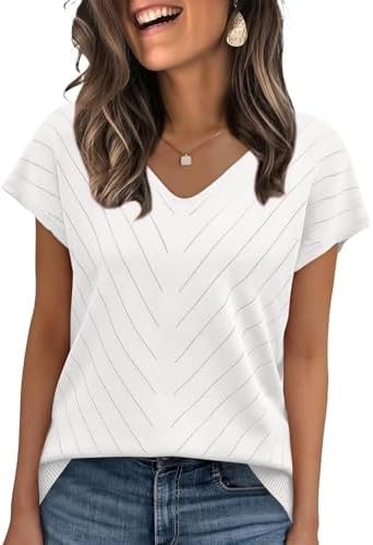 WIHOLL Short Sleeve Sweater for Women V Neck Trendy Summer Tops 2025 Beach Vacation Clothes Travel Business Casual Outfits
