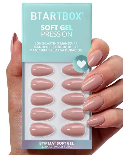 BTArtbox Press On Nails Almond - Flesh Pink Nude Short Fall Press On Nails with Glue for Women, Opaque Soft Gel Glue On Nails in 16 Sizes - 32 Stick On Nails Kit, Fawn Fleek