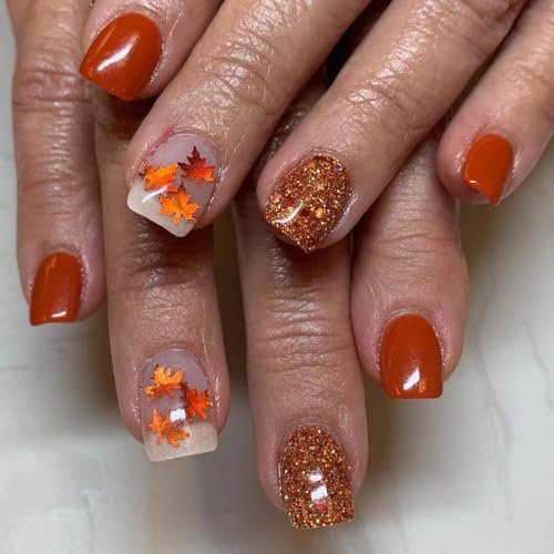 Fall Maple Leaf Press On Nails - Short Square Fake Nails With Gold Glitter Design - Thanksgiving Maple Leaves False Nails - Nude Autumn Stick On Nails - Holiday Artificial Acrylic Nails