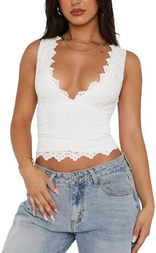 REORIA Womens Sexy V-Neck Sleeveless Double Lined Going Out Y2K Trendy Lace Cropped Tank Tops