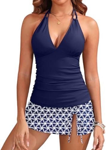 Yonique 2 Piece Swimsuits for Women Halter Tankini Top with Skirt Bottom Tummy Control Bathing Suit