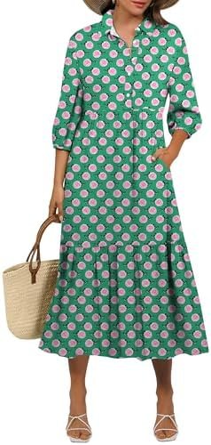 ANRABESS Women Summer Dress 2025 3/4 Puff Sleeve Polo V Neck Floral Print Casual Boho Shirt Maxi Dress Beach Vacation Clothes