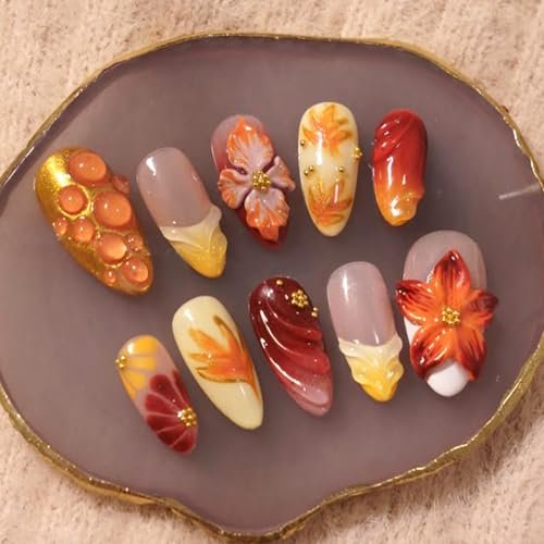 30pcs Fall Maple Leaf Press on Nails Autumn Fake Nail with 3D Floral & Gold Leaf Art in Medium Almond Handmade Thanksgiving Nail Art for Holiday, Vacation, Birthday Nail Decoration for Women